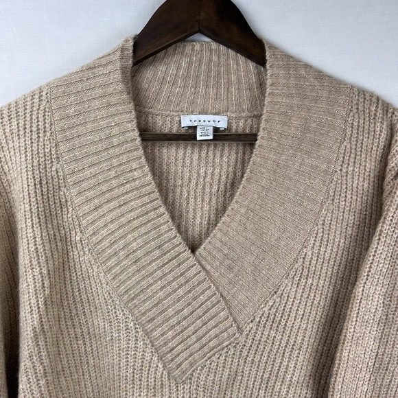 TopShop Women’s Beige Knit V Neck Sweater Balloon Sleeves Size 12 - Picture 3 of 9